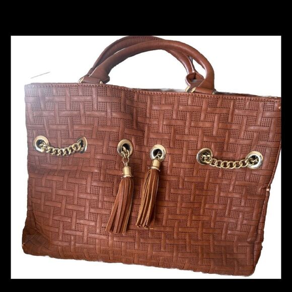 Big Buddha Top Handle Basketweave Texture Brown Boho Tassel Tote Bag - Picture 2 of 10